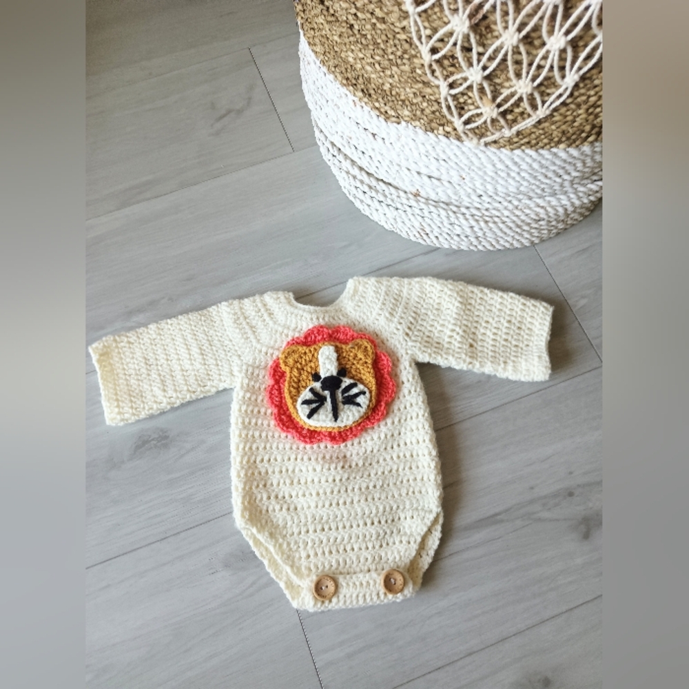 Handmade Cream Baby Onesie with Lion Design